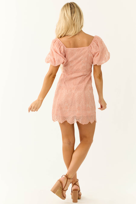 Coral Puff Sleeve Organza Lace Mini Dress