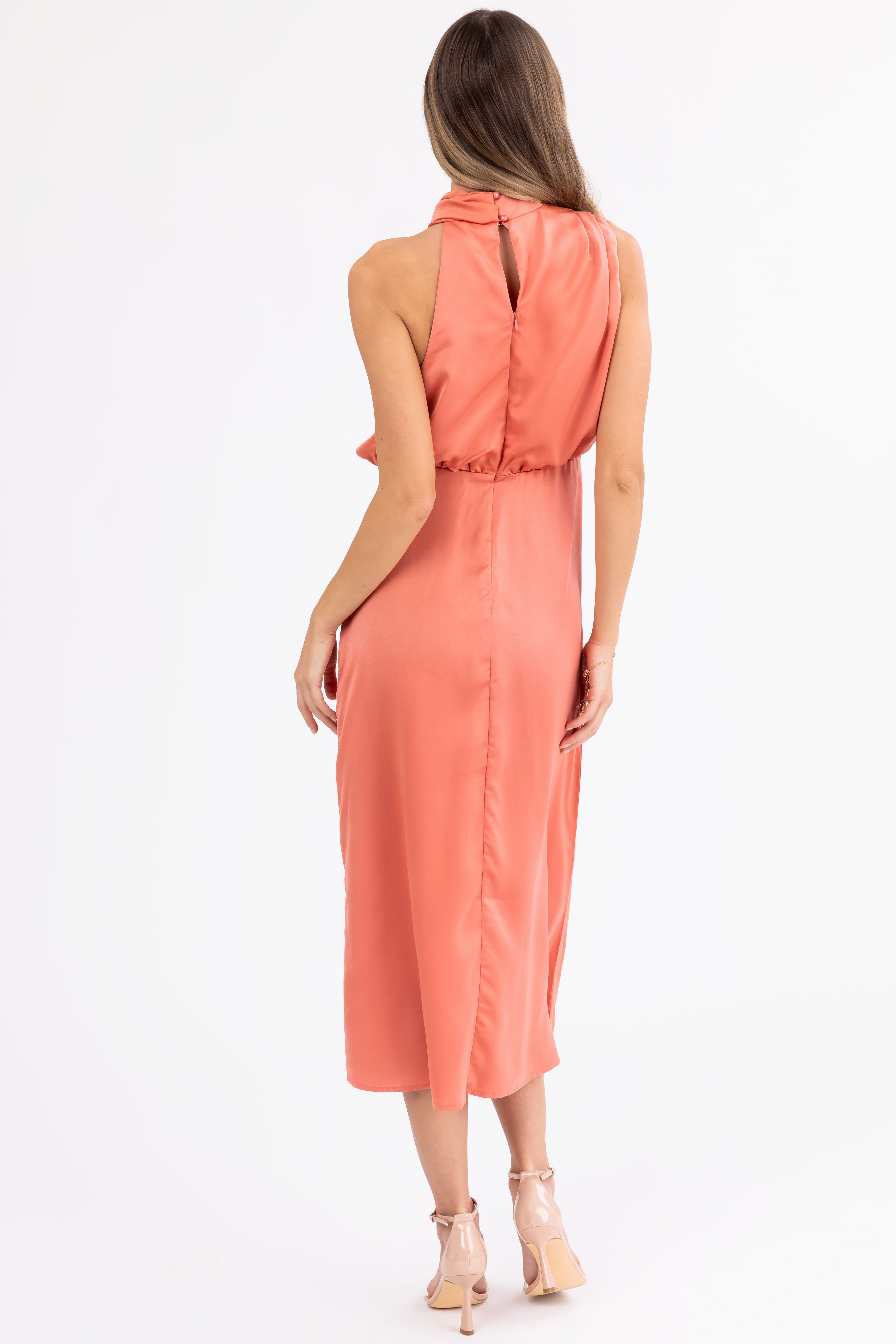 Coral Satin Halter Sleeveless Midi Dress