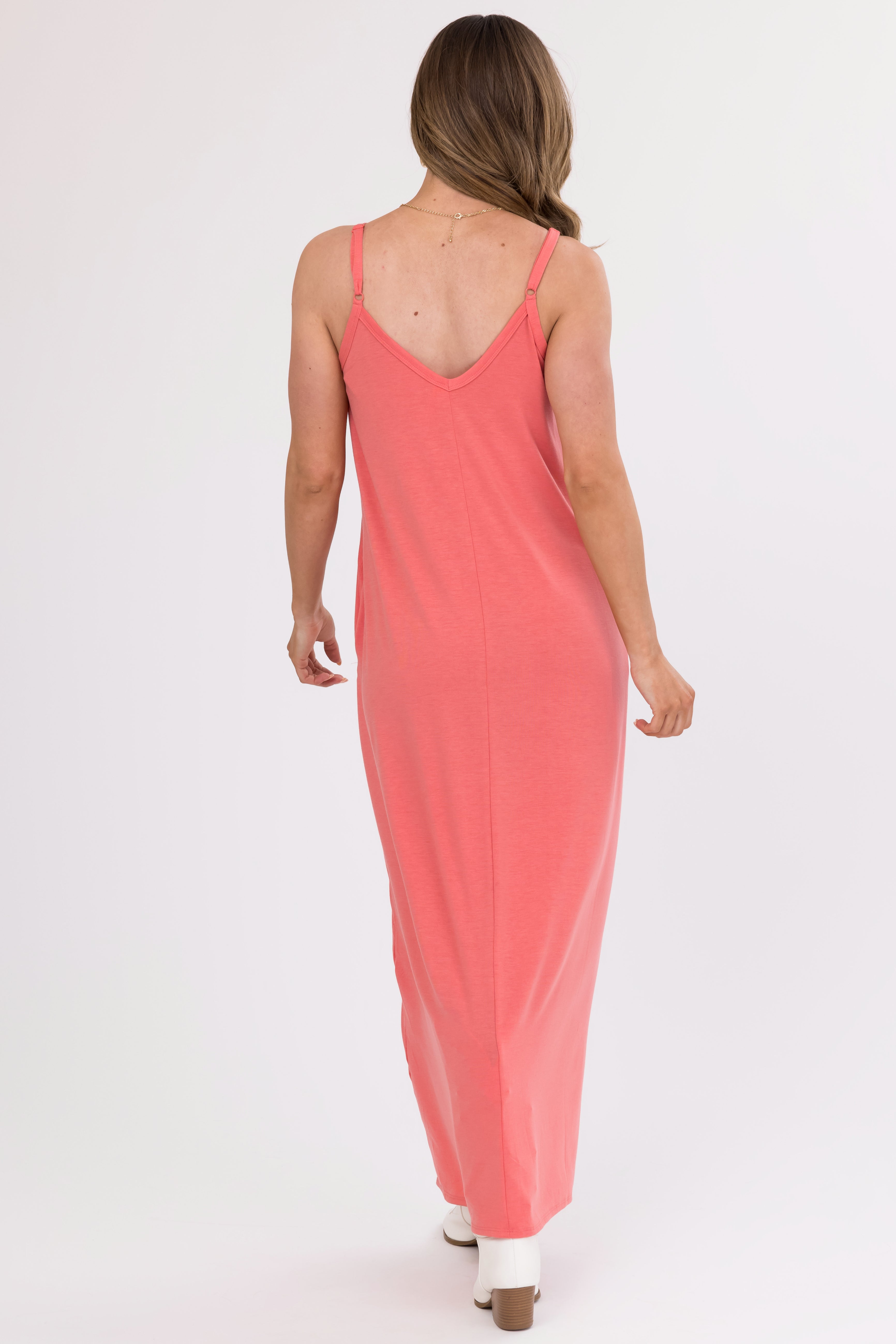 Coral Sleeveless Knit Maxi Dress with Pockets