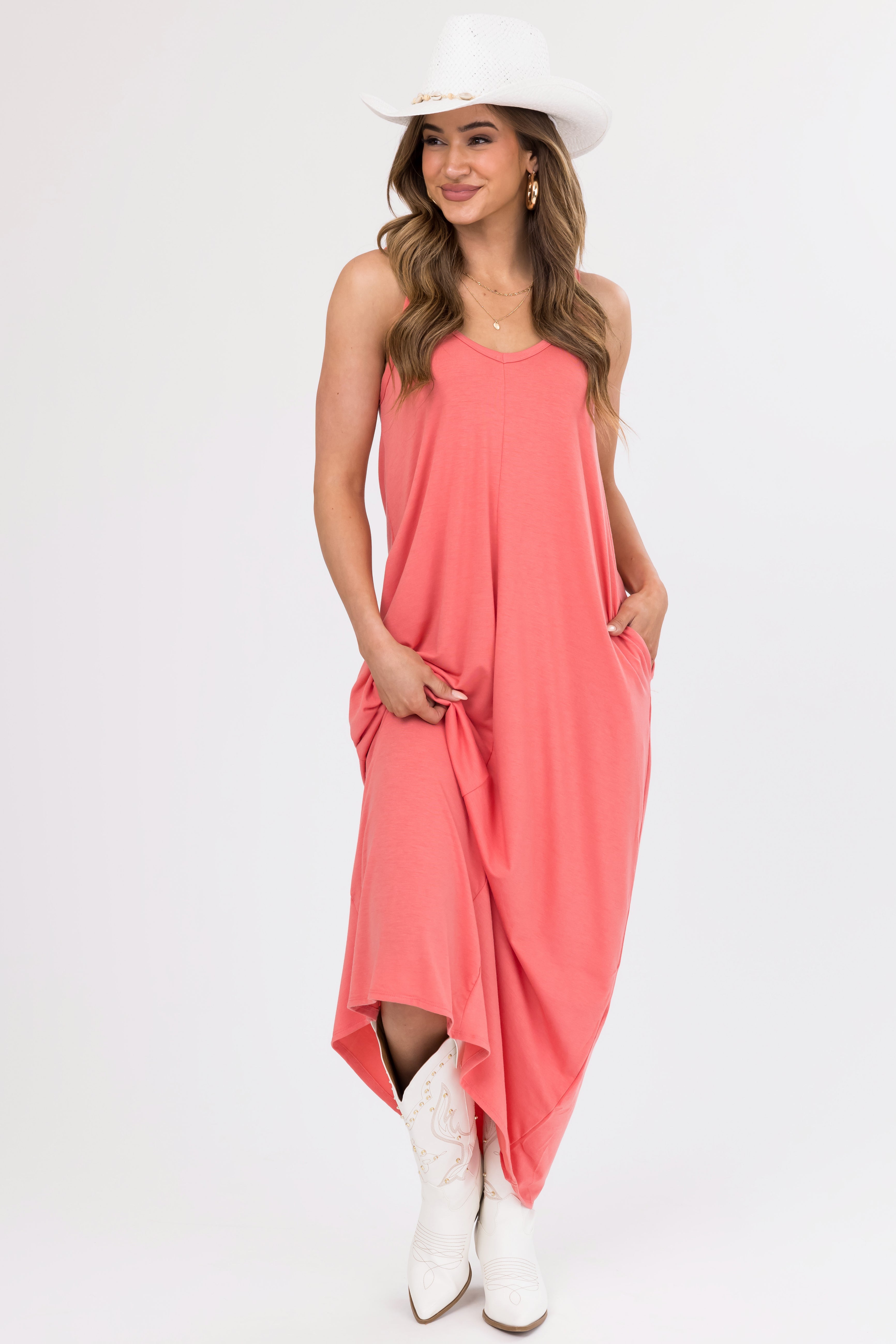 S Coral Sleeveless Knit Maxi Dress with Pockets