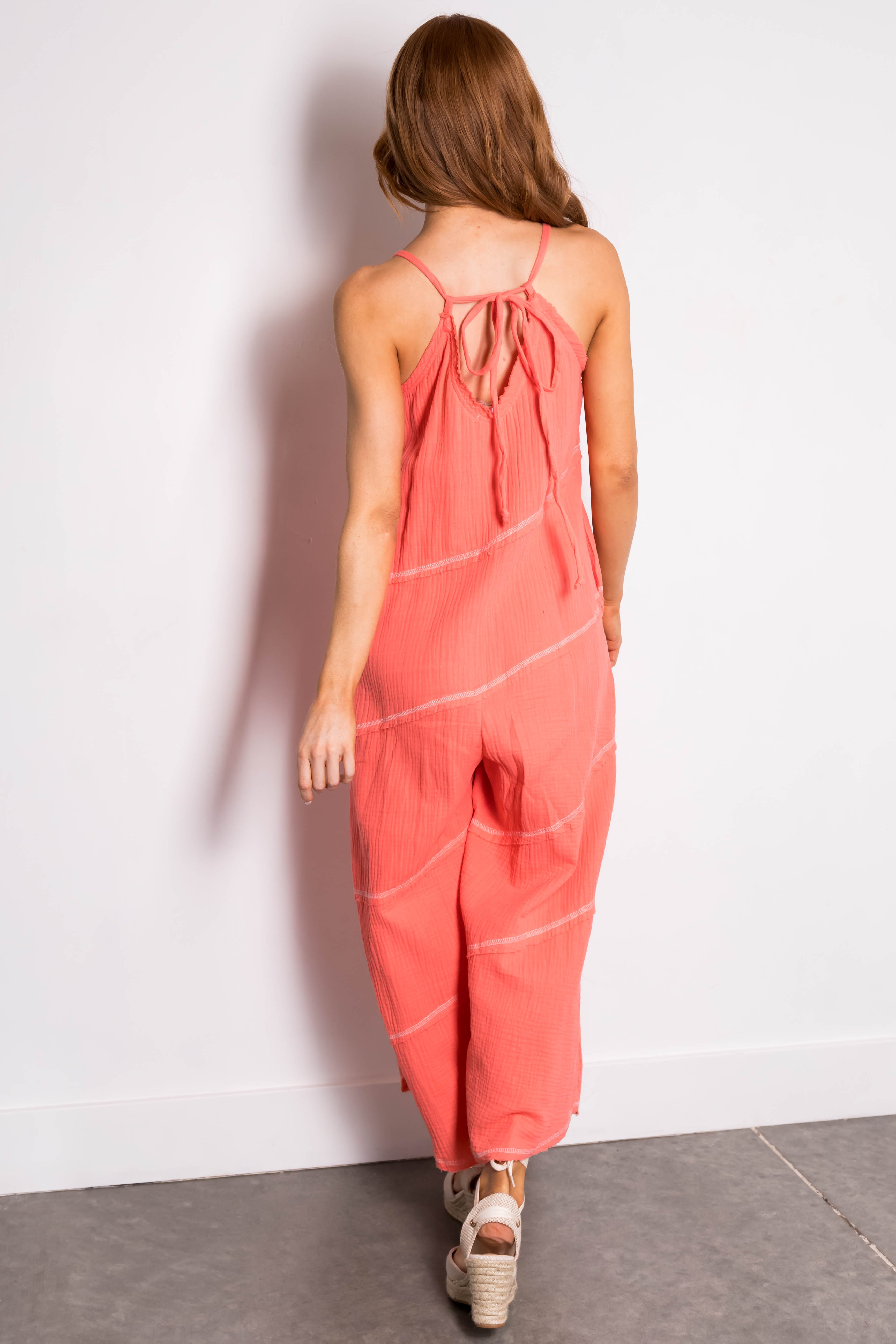 Coral Sleeveless Seam Details V Neck Jumpsuit