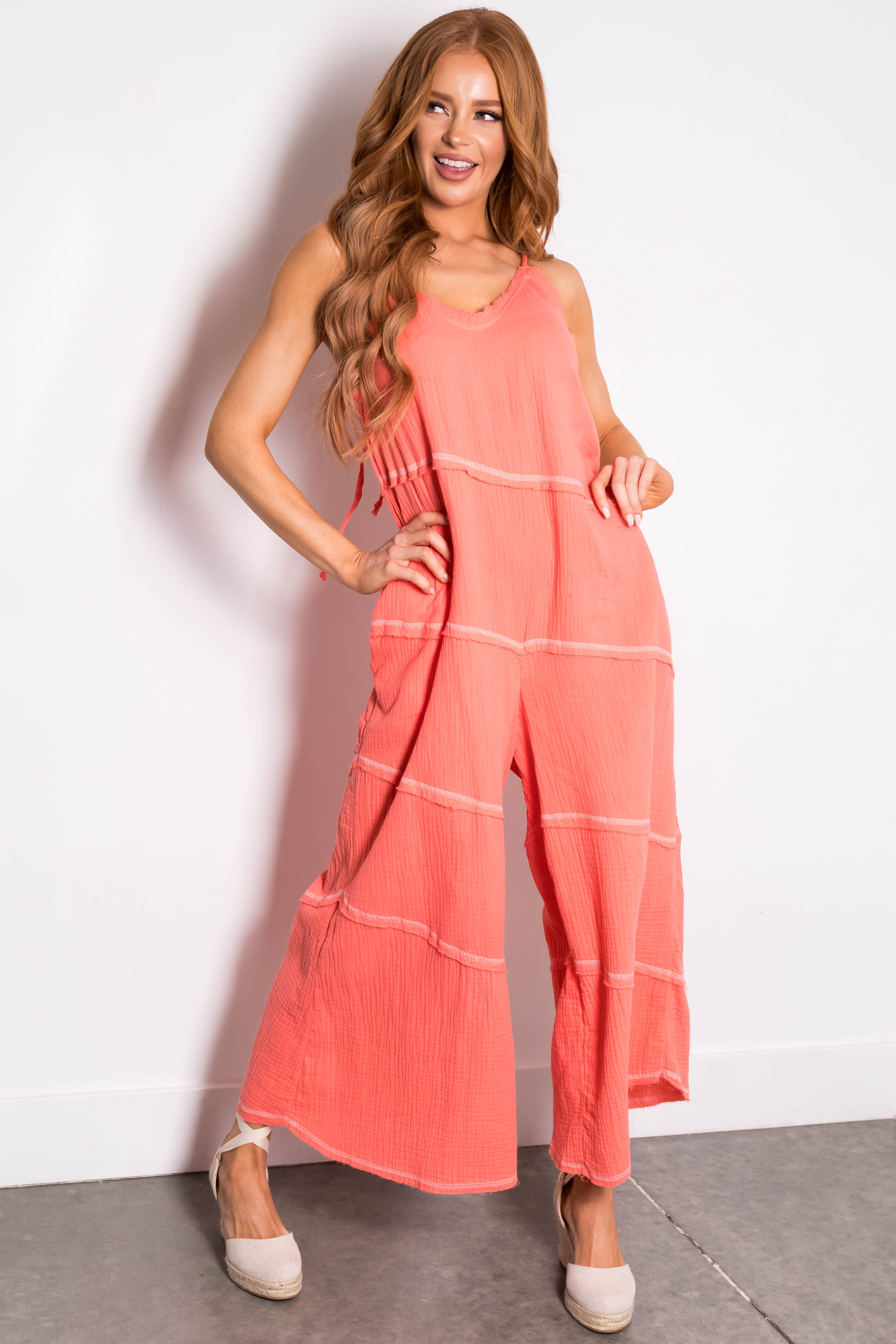 Coral Sleeveless Seam Details V Neck Jumpsuit