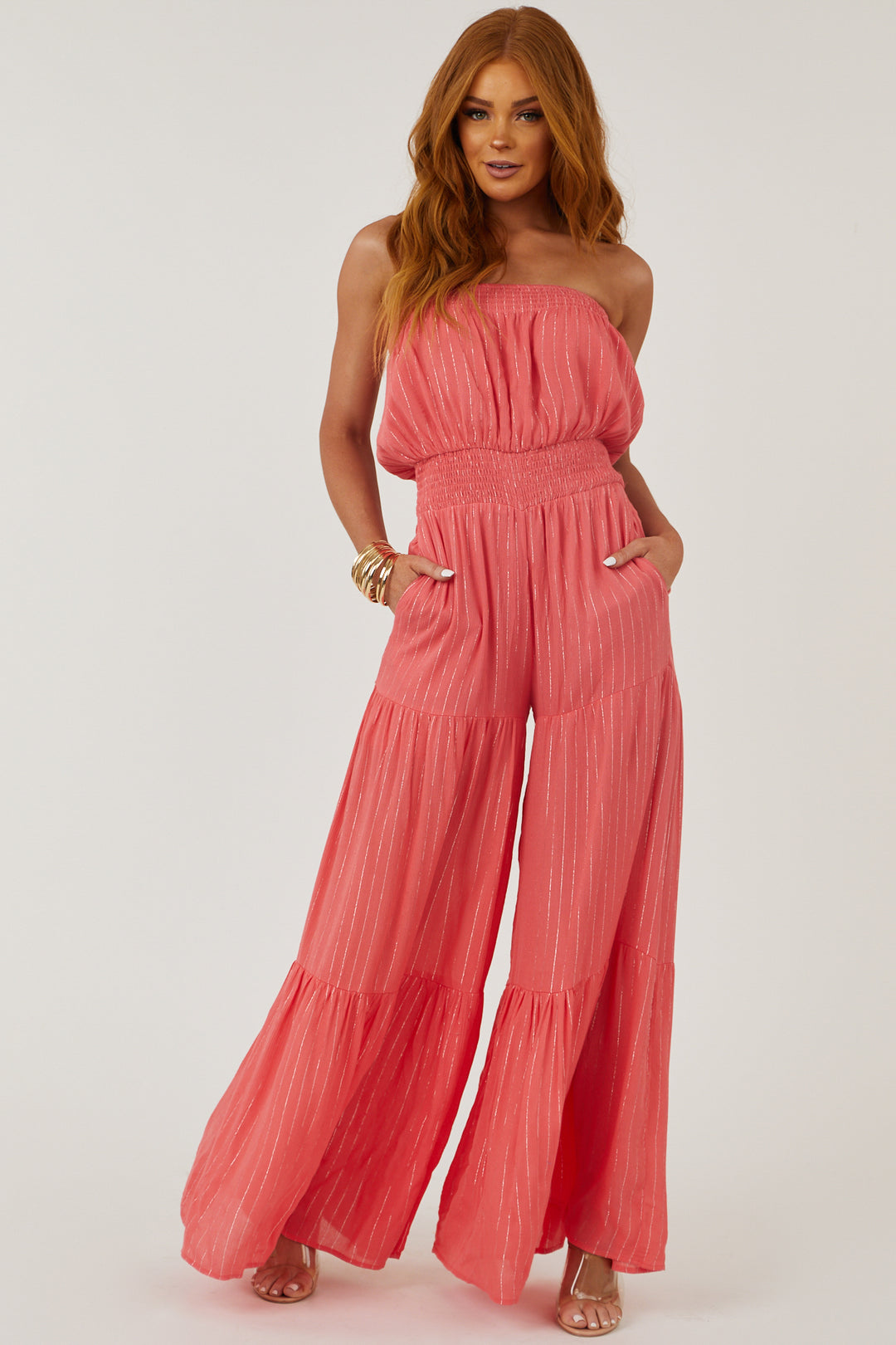 Coral Strapless Wide Leg Lurex Jumpsuit And Lime Lush