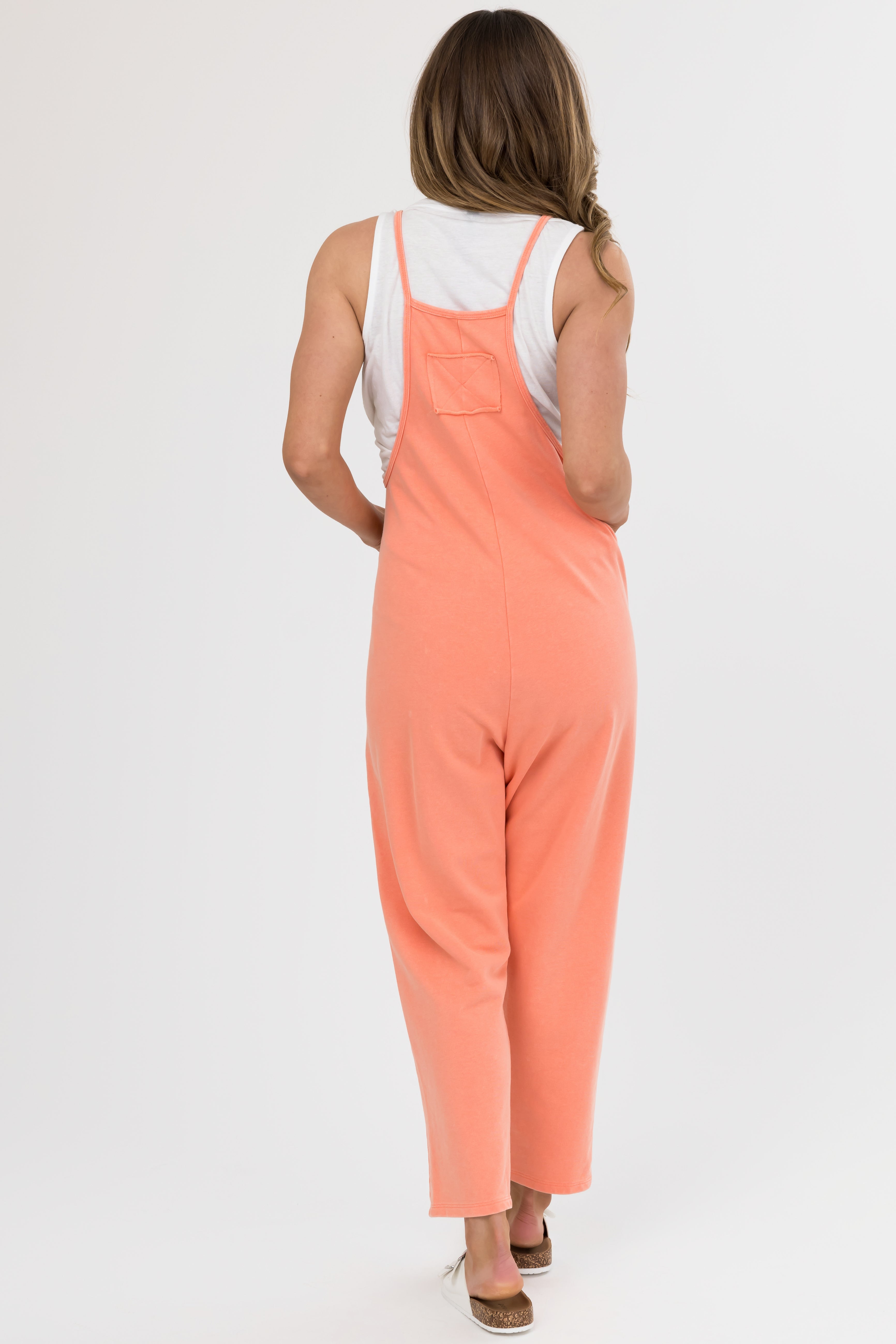 Coral Washed Sleeveless Relaxed Fit Jumpsuit