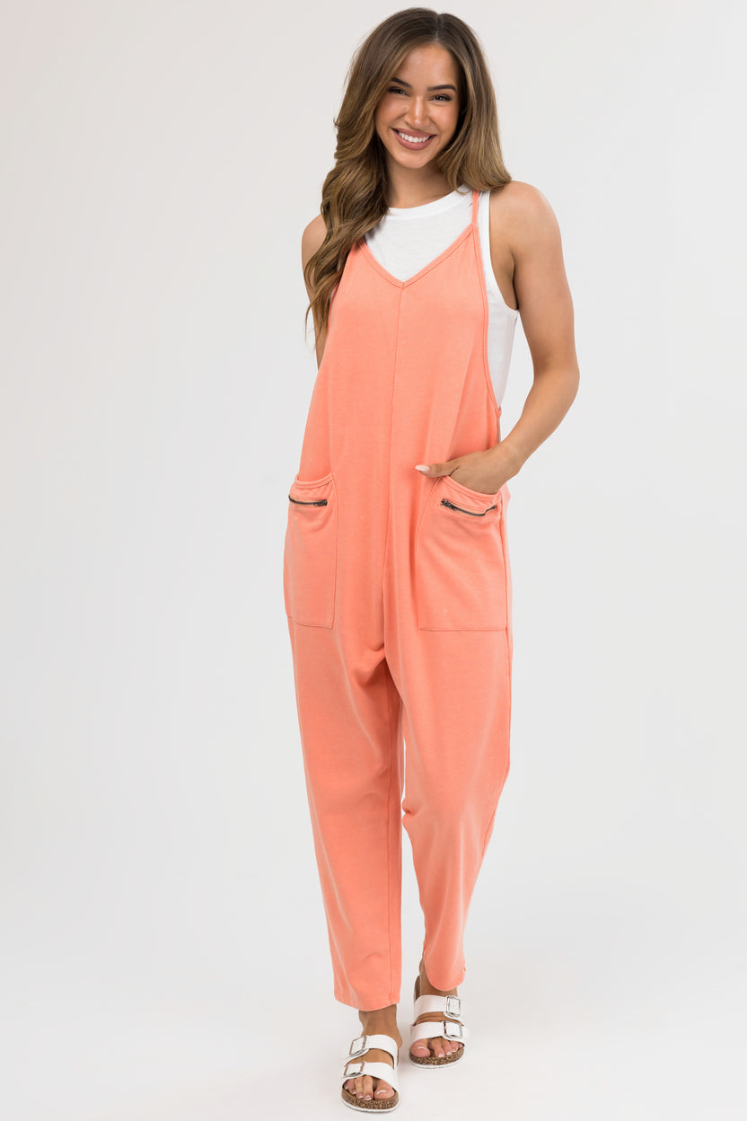 Coral Washed Sleeveless Relaxed Fit Jumpsuit