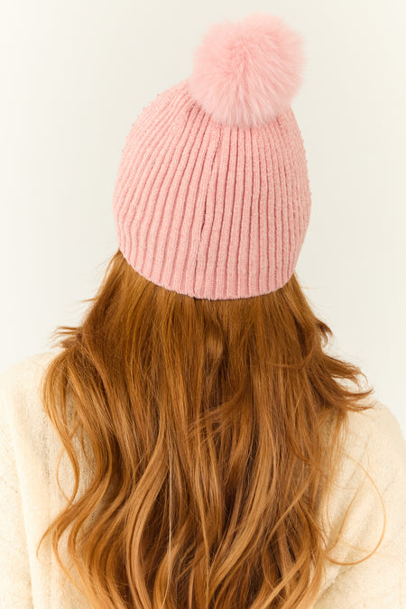 Coral Gemstone Embellished Chenille Pom Pom Beanie