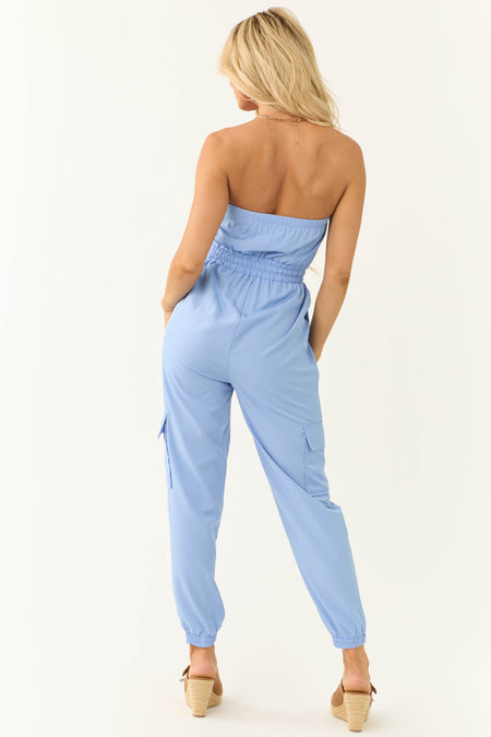 Cornflower Cargo Style Strapless Jumpsuit