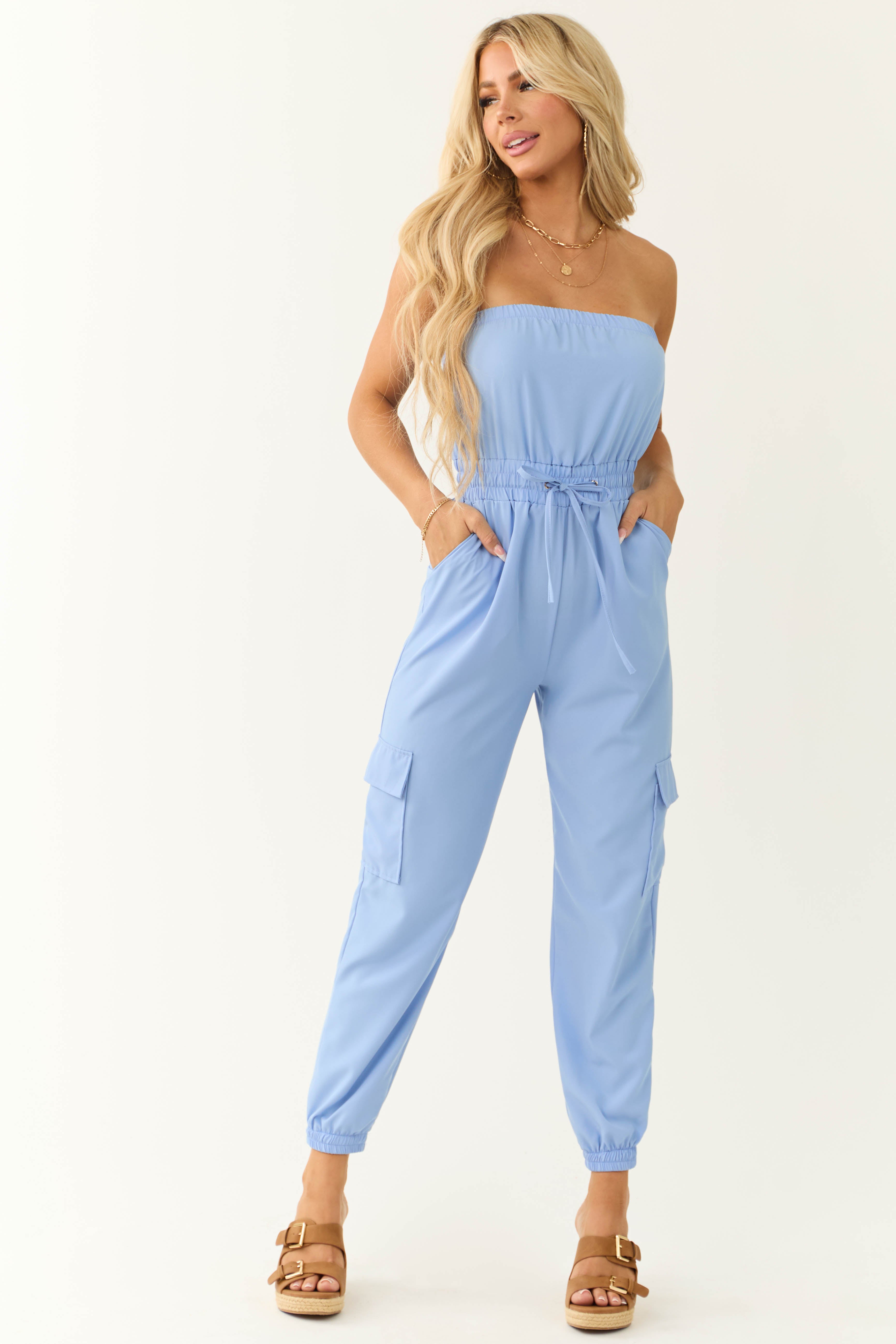 Cornflower Cargo Style Strapless Jumpsuit