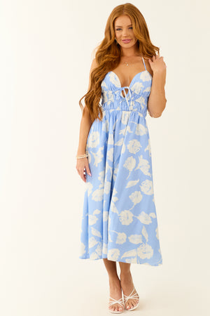 Cornflower Floral Sweetheart Halter Midi Dress