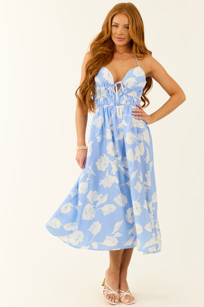 Cornflower Floral Sweetheart Halter Midi Dress