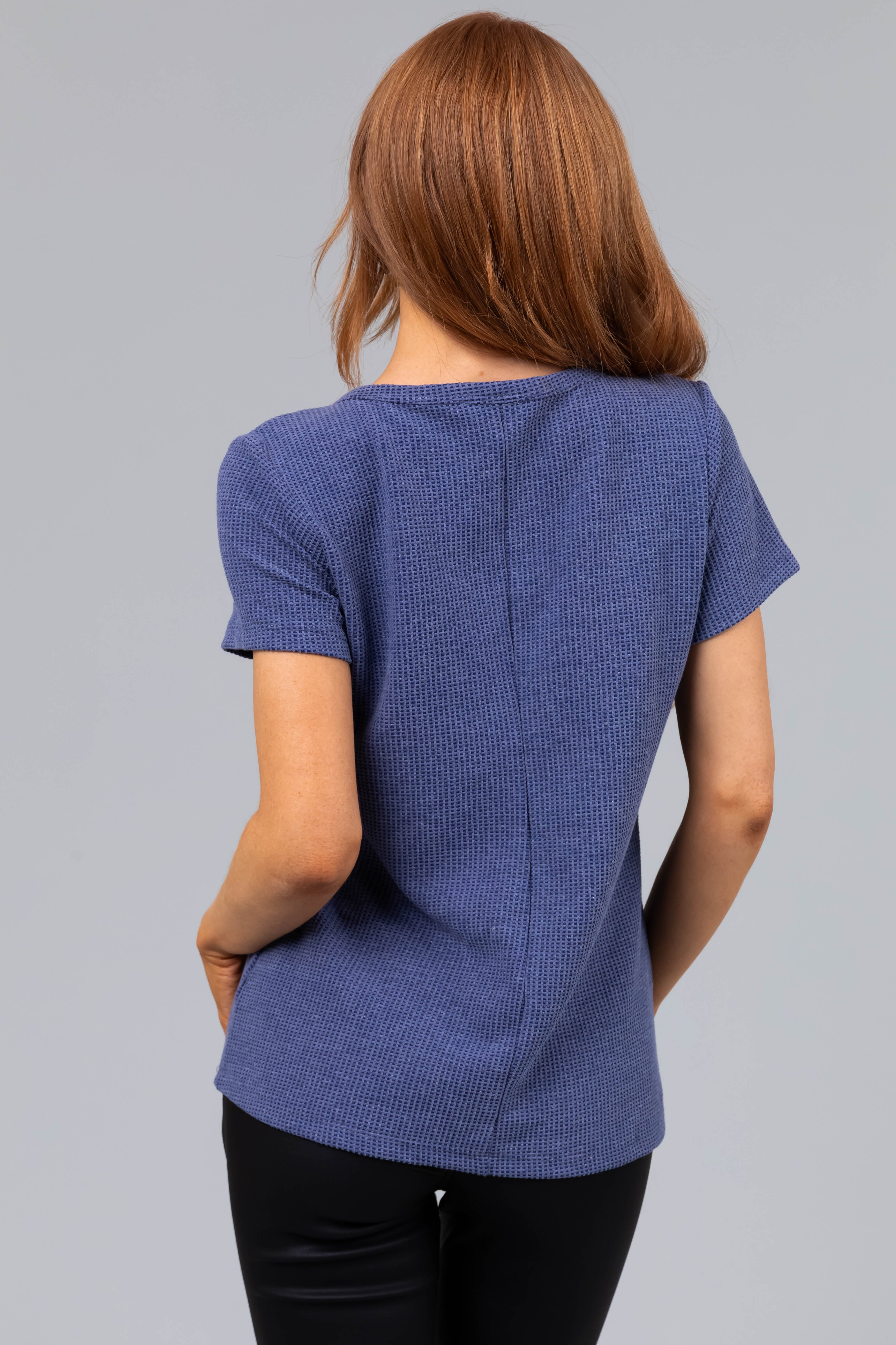 Cornflower Notch Neck Short Sleeve Waffle Knit Top