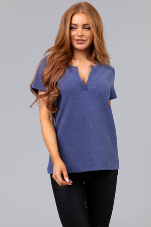 Cornflower Notch Neck Short Sleeve Waffle Knit Top