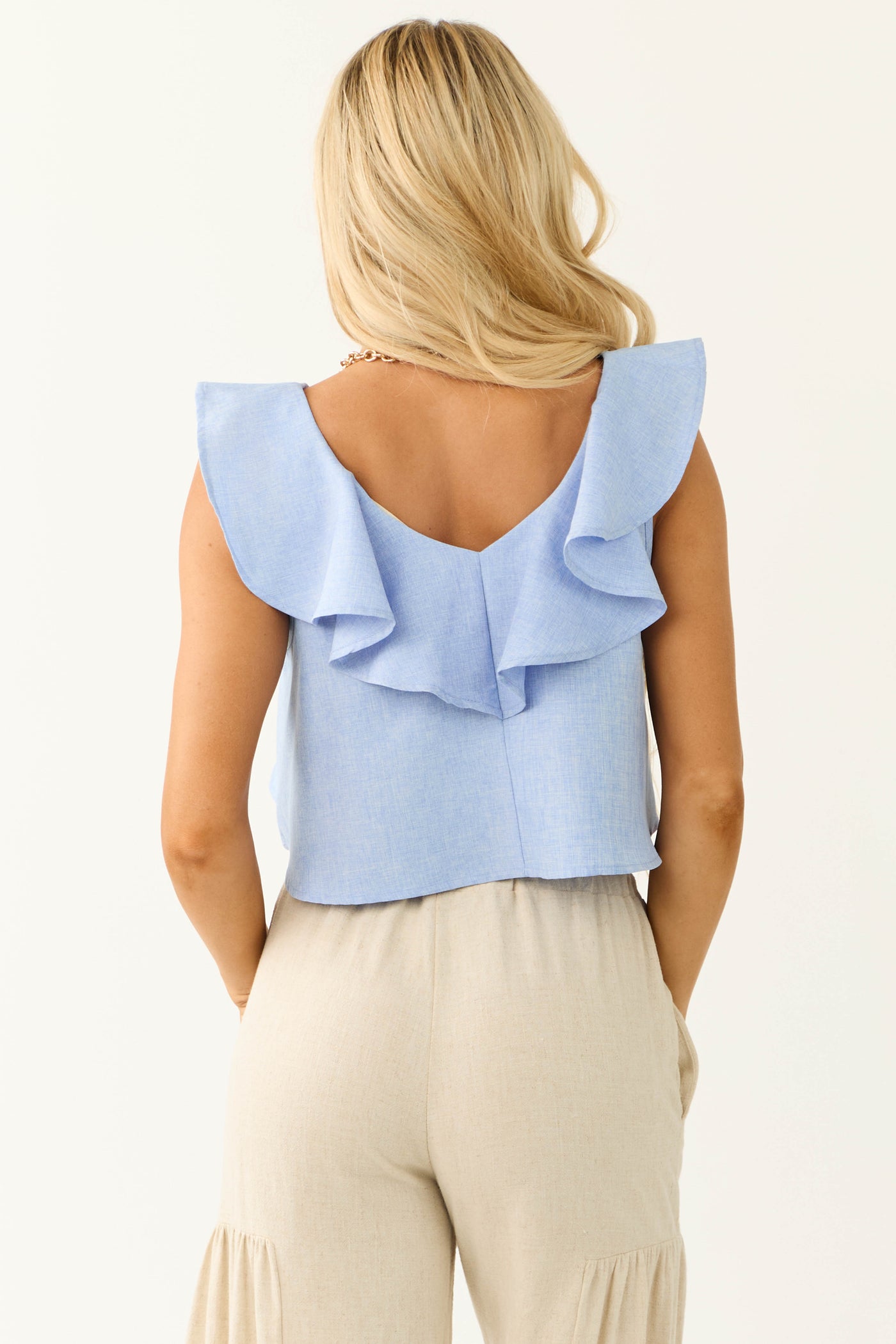 Cornflower Ruffle V Neck Cropped Blouse