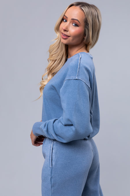 Cornflower Washed Long Sleeve Knit Sweatshirt