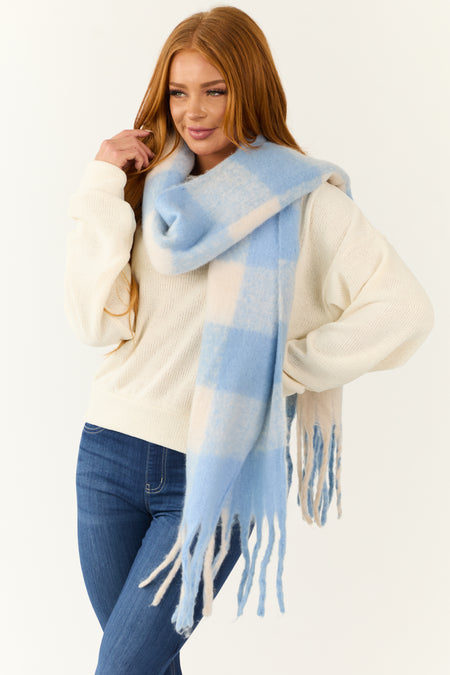 Cornflower Buffalo Plaid Fuzzy Fringe Scarf