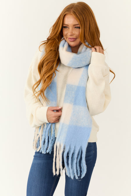 Cornflower Buffalo Plaid Fuzzy Fringe Scarf