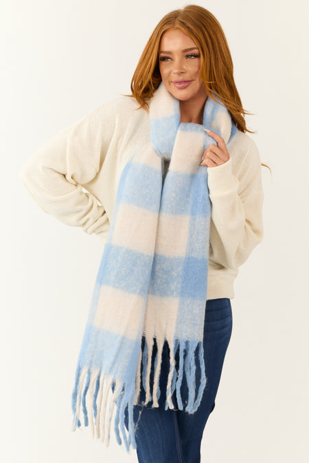 Cornflower Buffalo Plaid Fuzzy Fringe Scarf