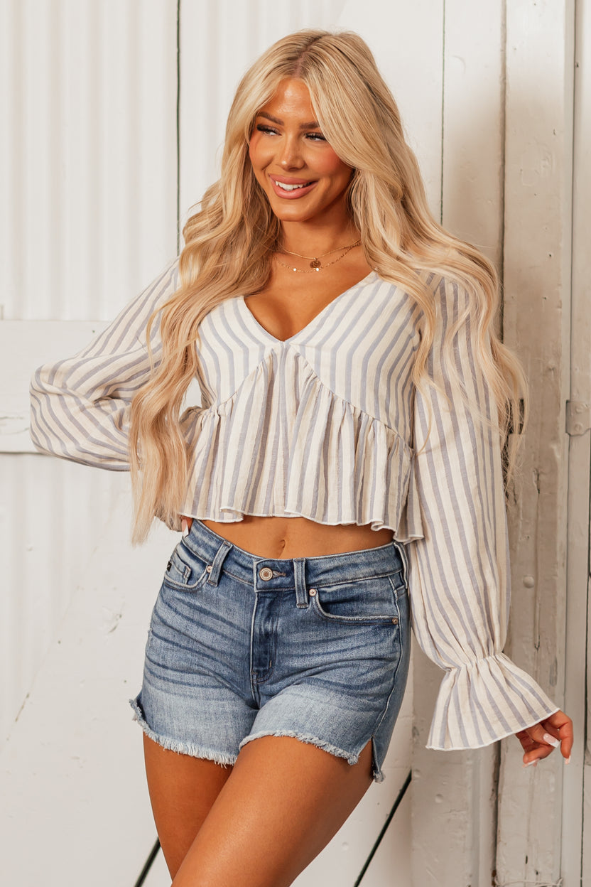 Cornflower and Cream Striped Long Sleeve Top