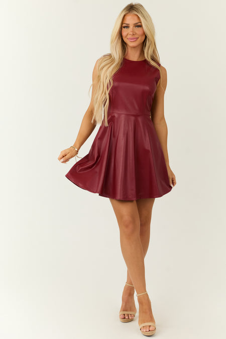 Cranberry Faux Leather Sleeveless Skater Dress