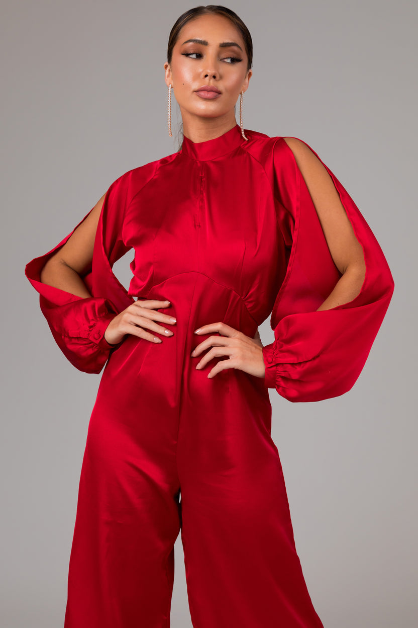 Cranberry Long Sleeves with Slits Jumpsuit