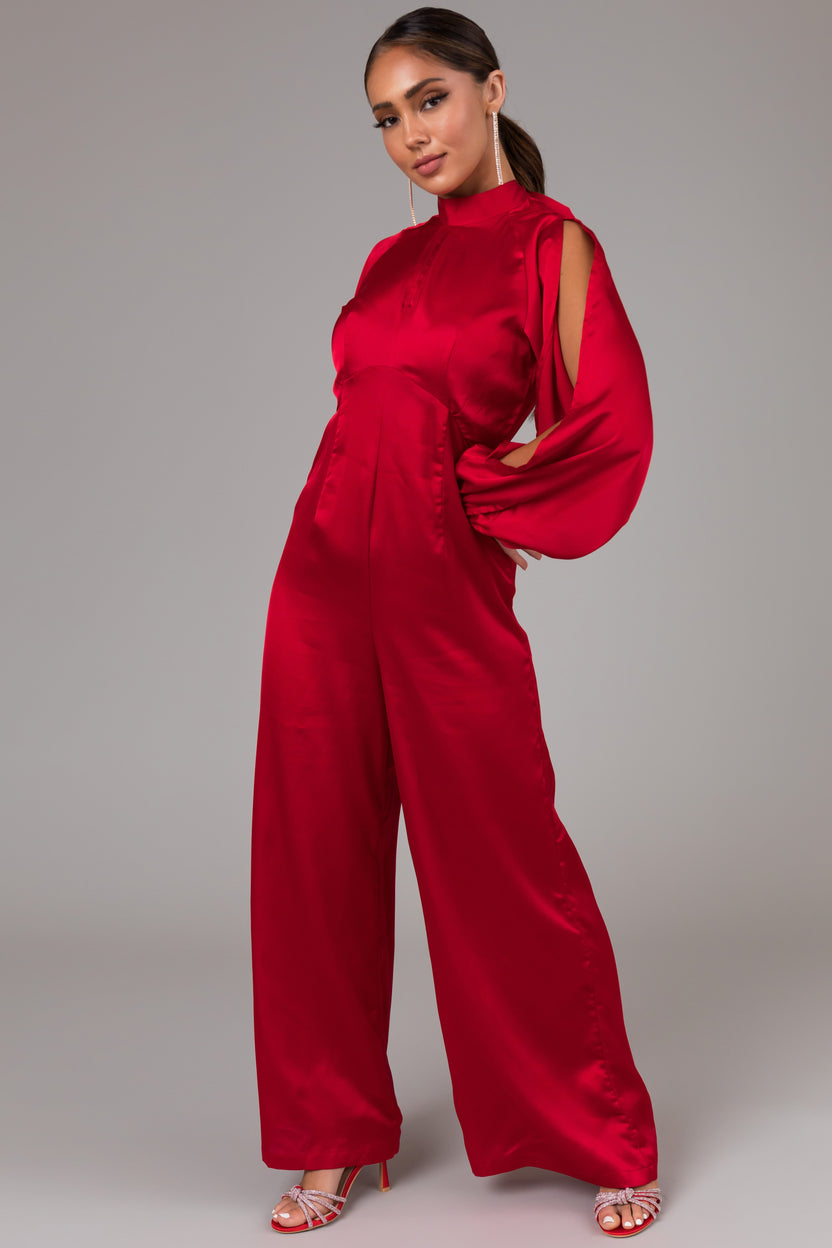 Cranberry Long Sleeves with Slits Jumpsuit