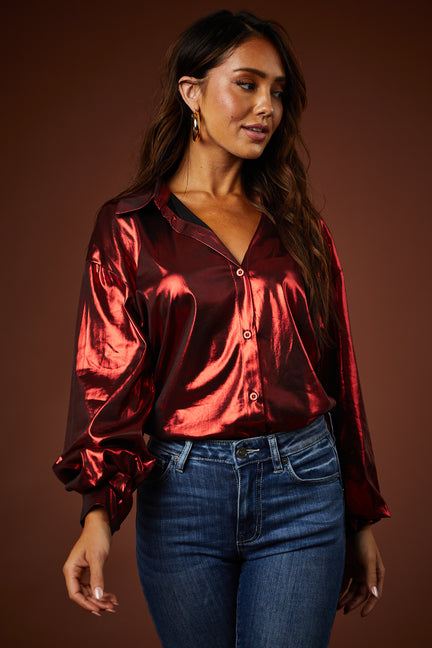 Cranberry Metallic Button Down Collared Blouse