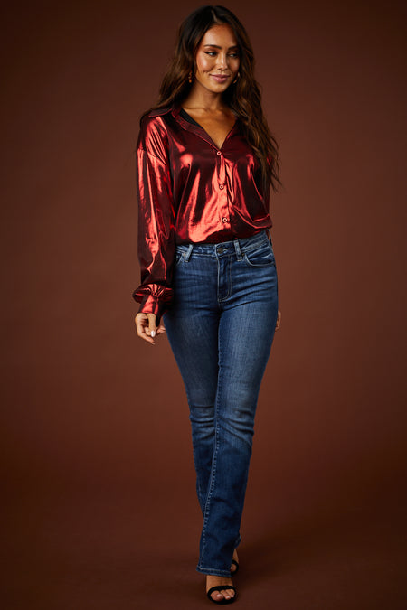 Cranberry Metallic Button Down Collared Blouse