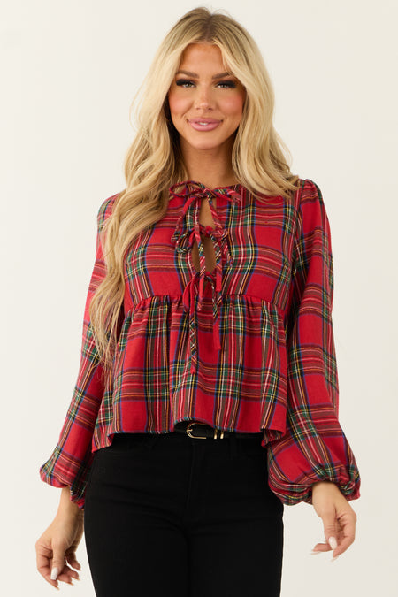 Cranberry Plaid Front Tie Ruffle Long Sleeve Top