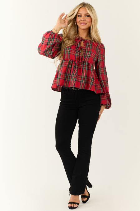 Cranberry Plaid Front Tie Ruffle Long Sleeve Top