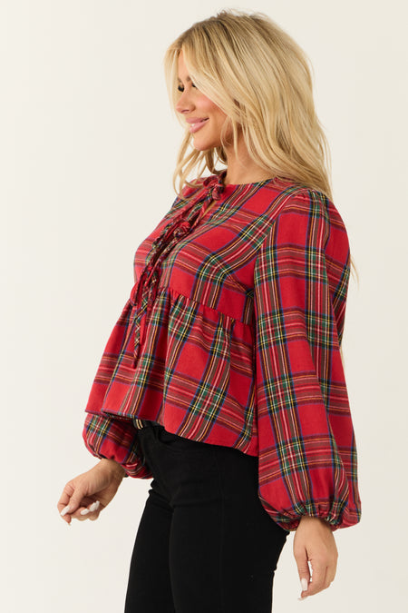 Cranberry Plaid Front Tie Ruffle Long Sleeve Top