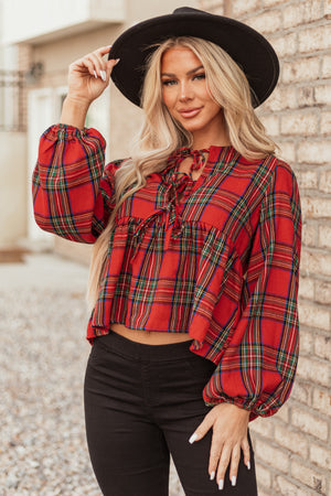 Cranberry Plaid Front Tie Ruffle Long Sleeve Top