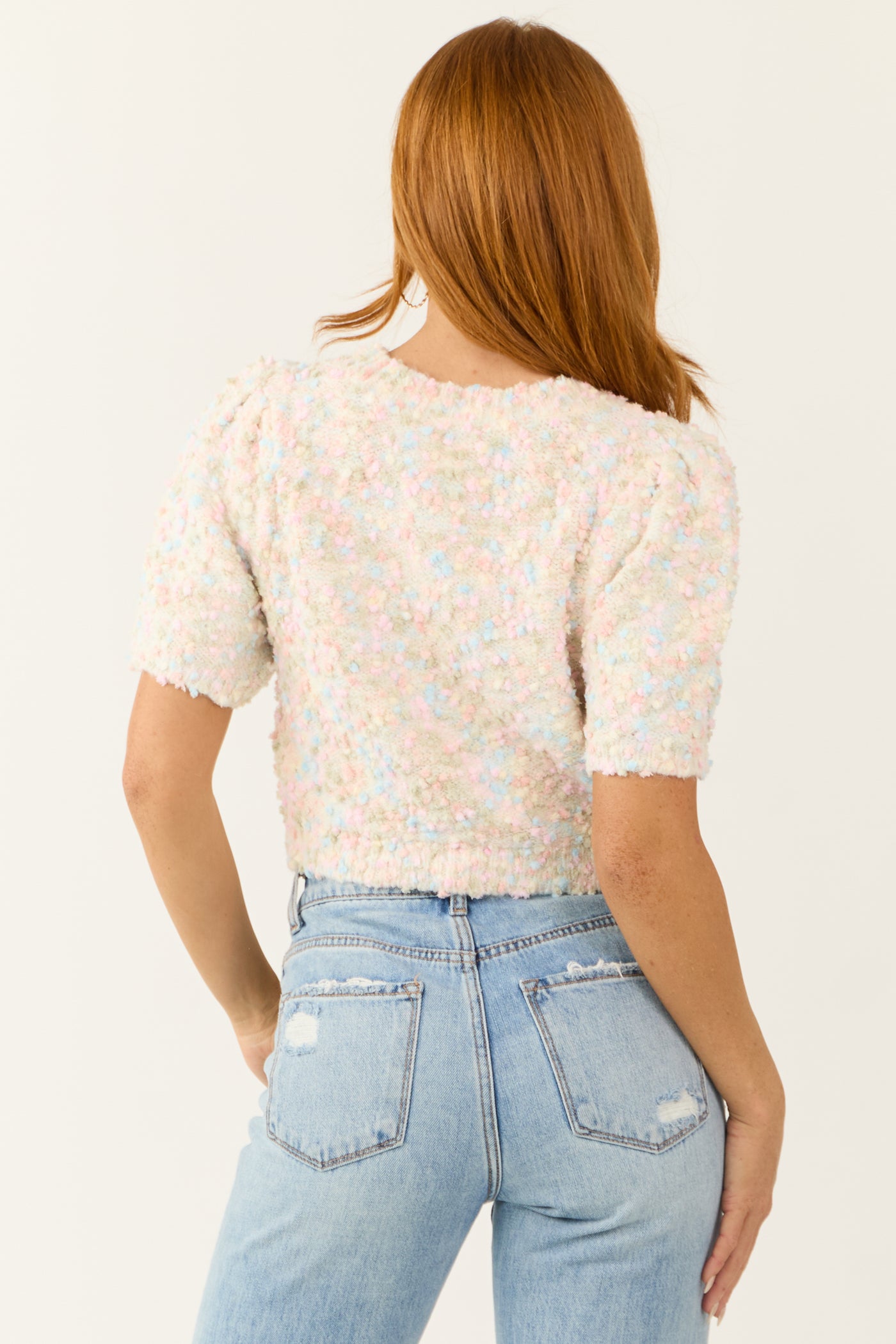 Cream Abstract Popcorn Knit Crop Sweater