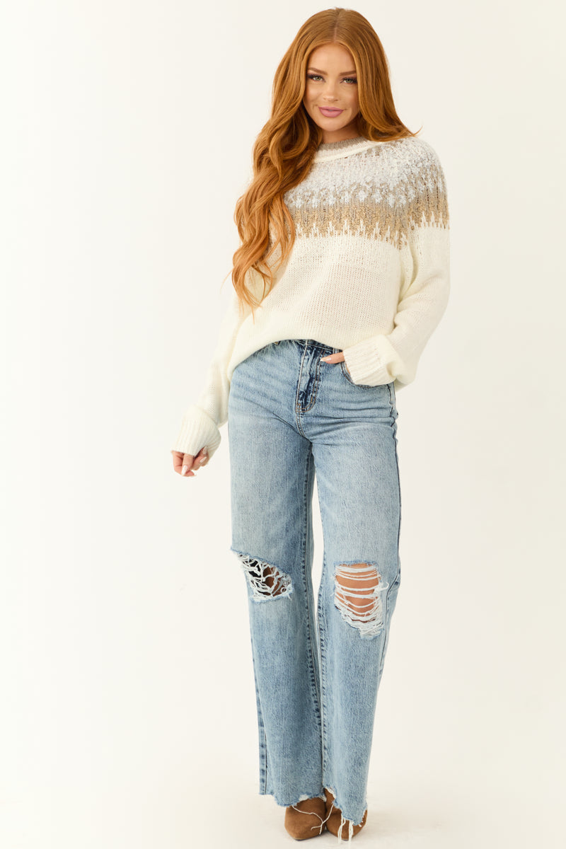 Cream Abstract Print Long Sleeve Knit Sweater