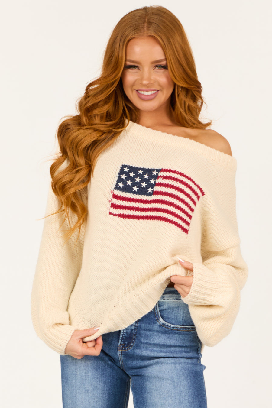 Cream American Flag Boatneck Thick Knit Sweater