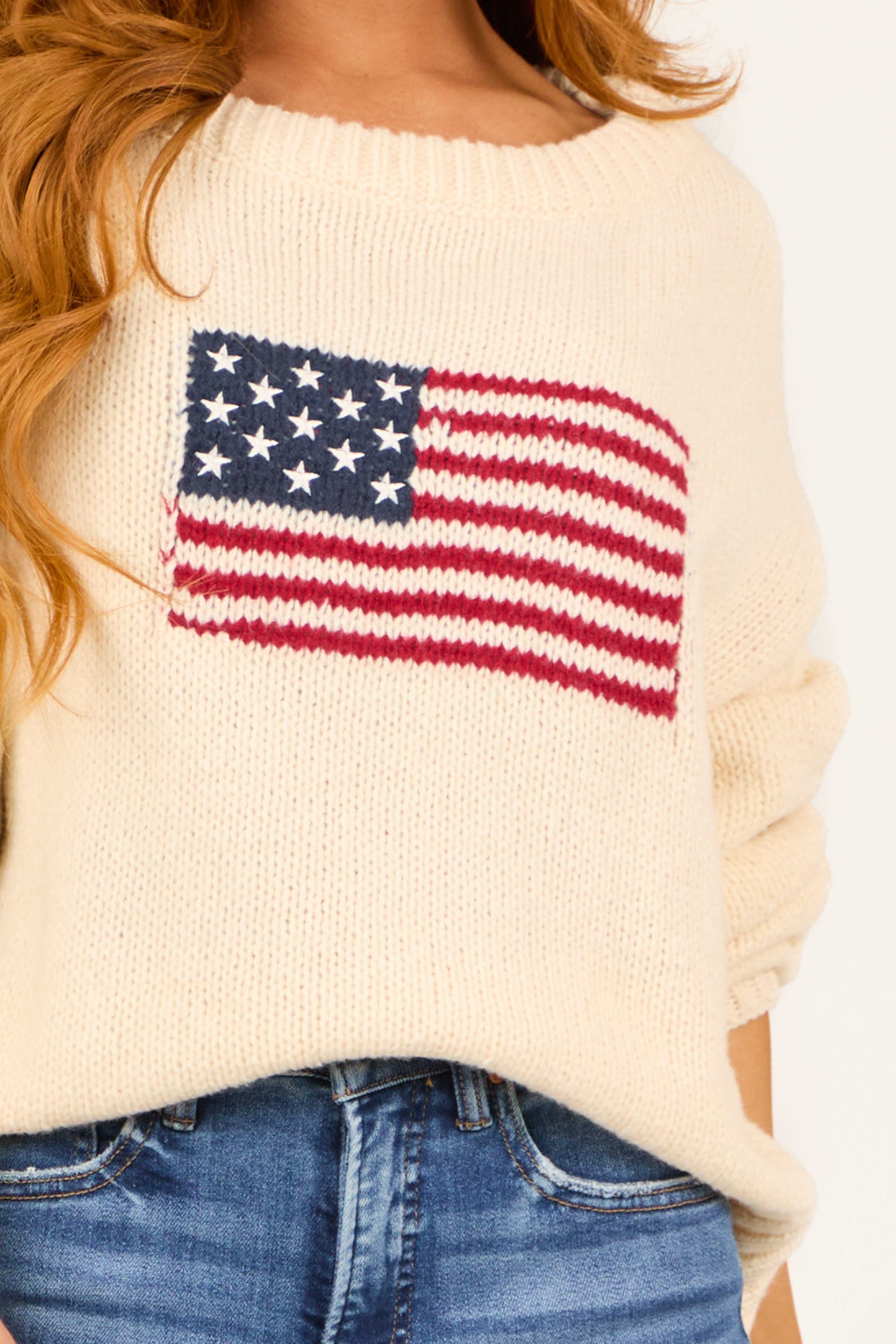 Cream American Flag Boatneck Thick Knit Sweater