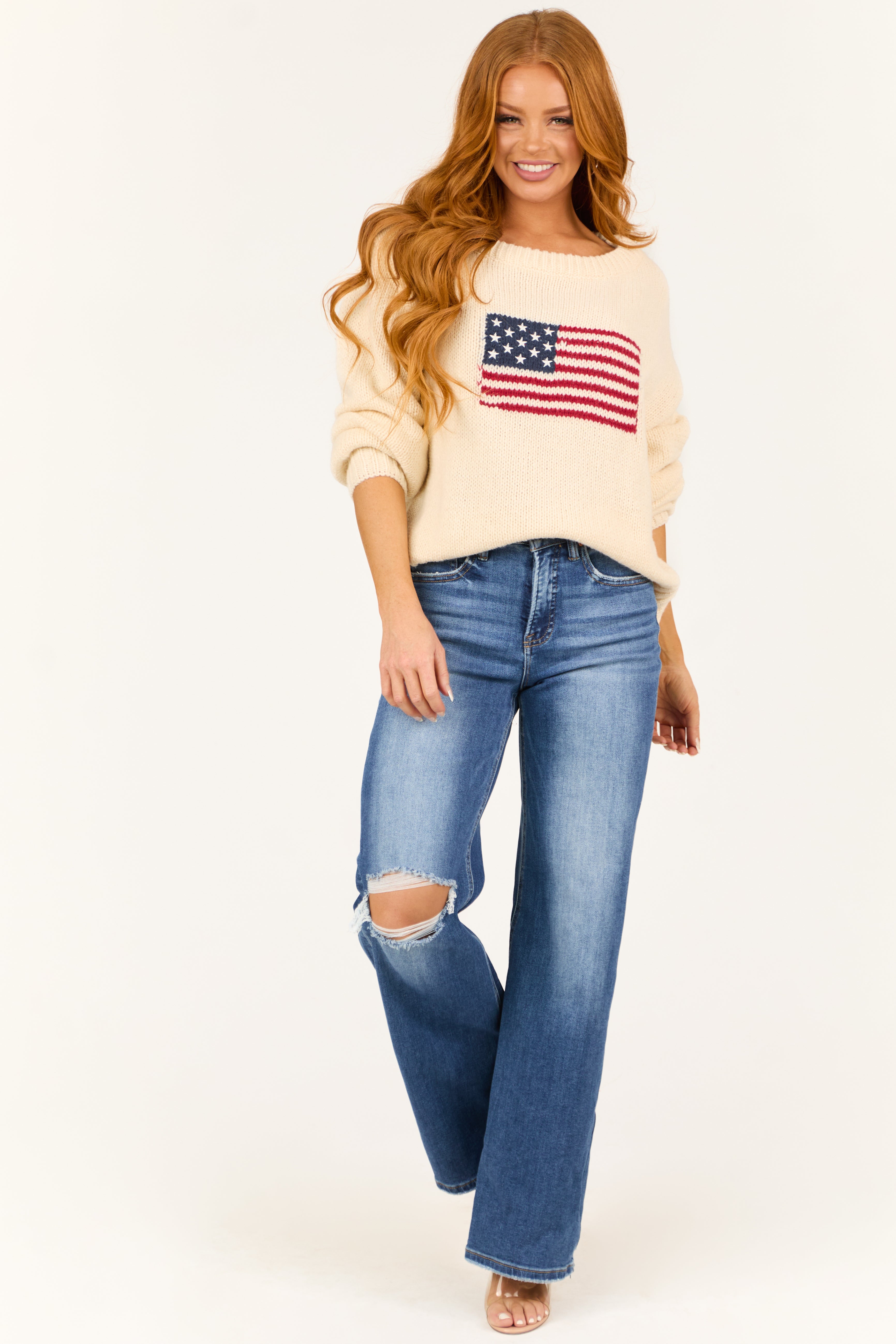 Cream American Flag Boatneck Thick Knit Sweater