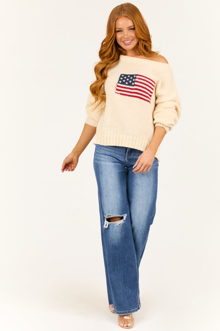 Cream American Flag Boatneck Thick Knit Sweater