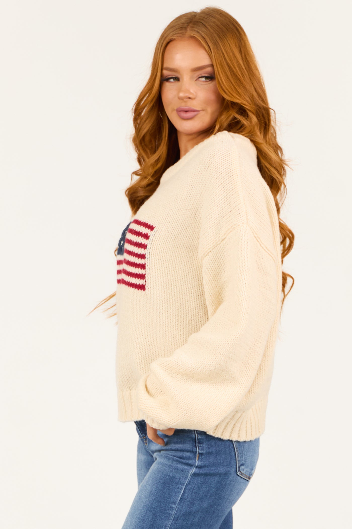 Cream American Flag Boatneck Thick Knit Sweater