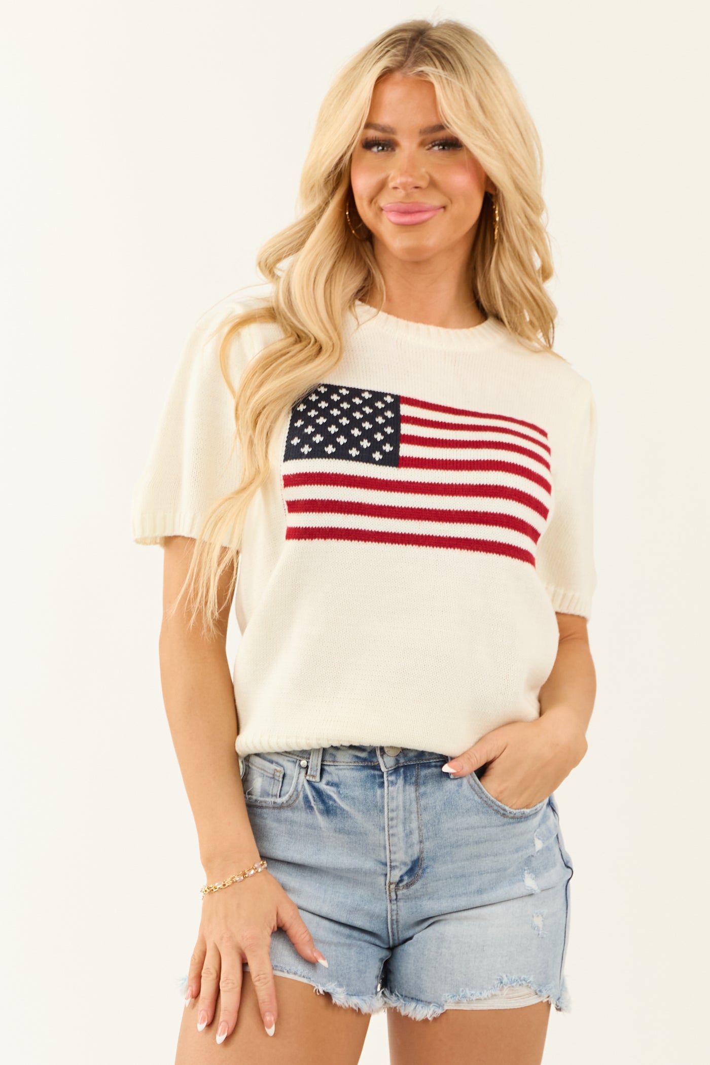 Cream American Flag Half Sleeve Knit Sweater