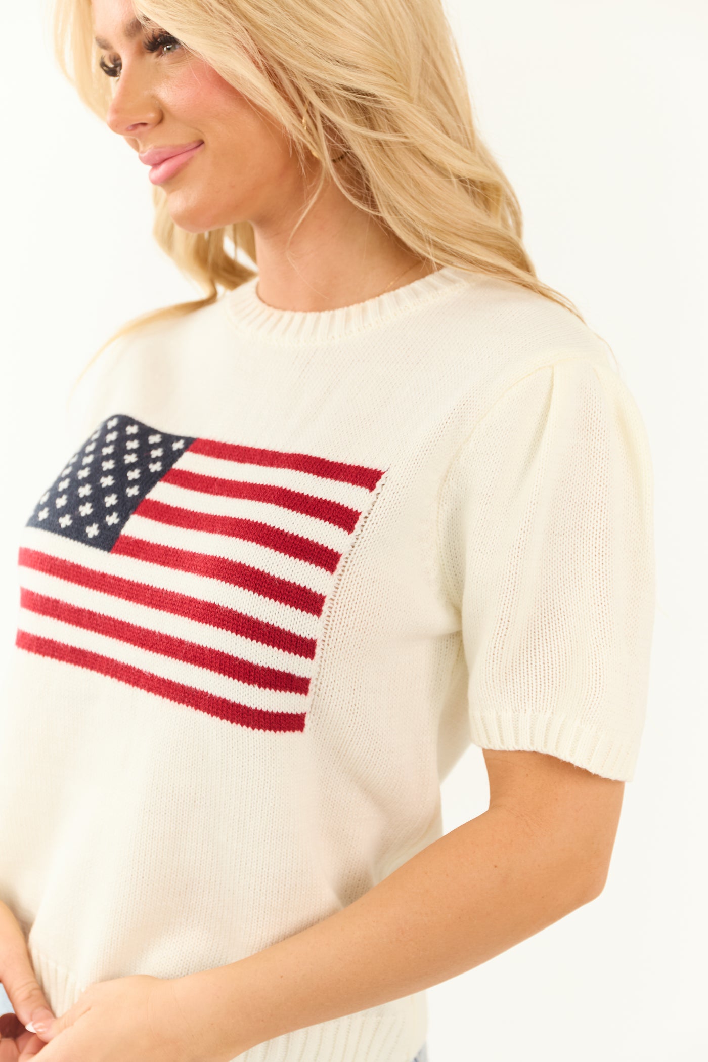 Cream American Flag Half Sleeve Knit Sweater