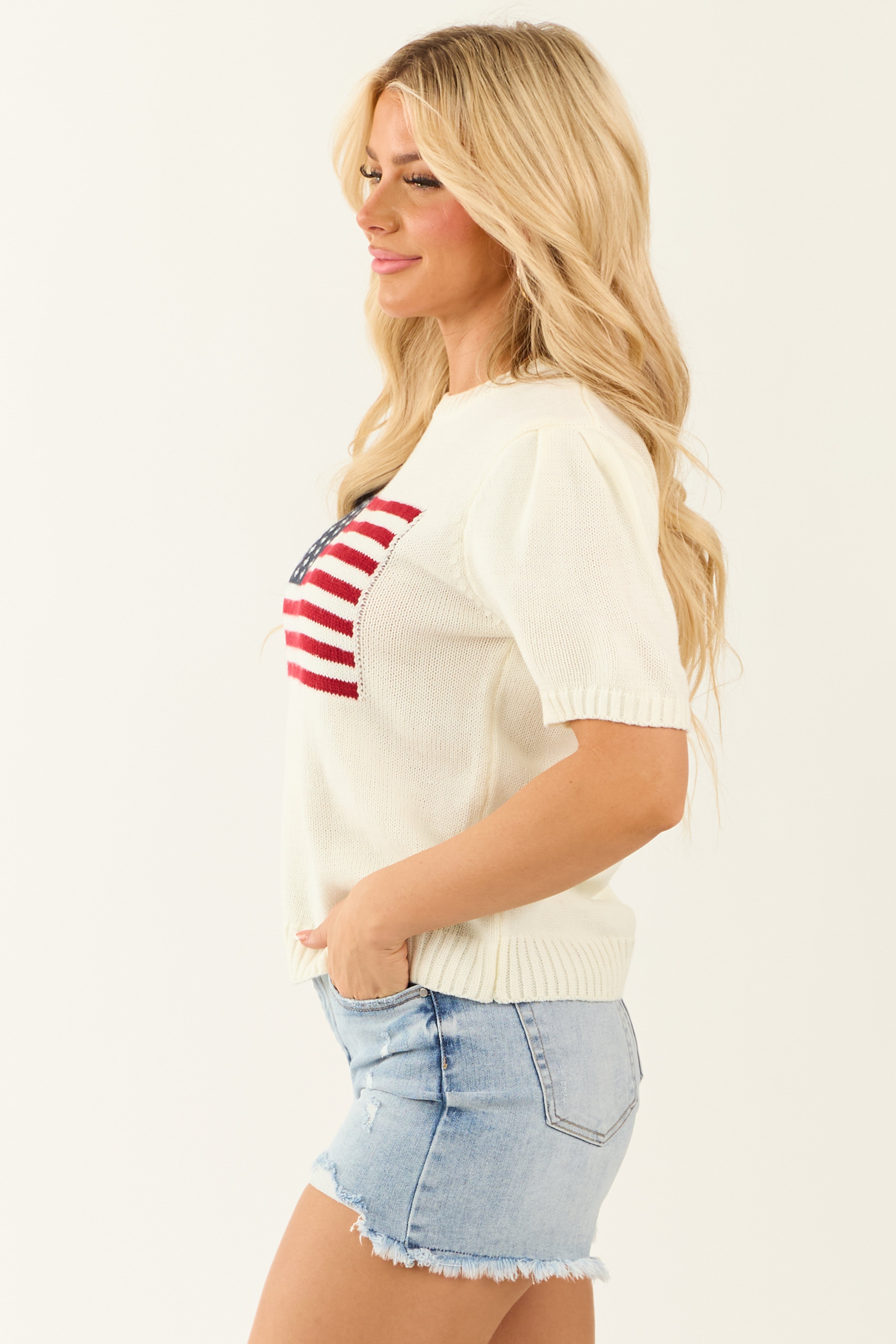 Cream American Flag Half Sleeve Knit Sweater