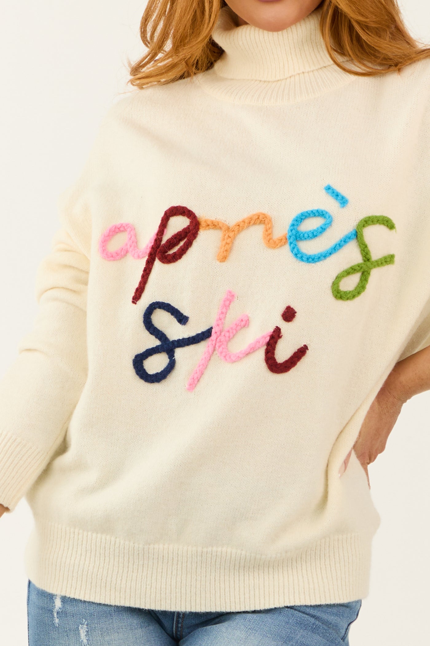 Cream 'Apres Ski' Yarn Graphic Turtleneck Sweater