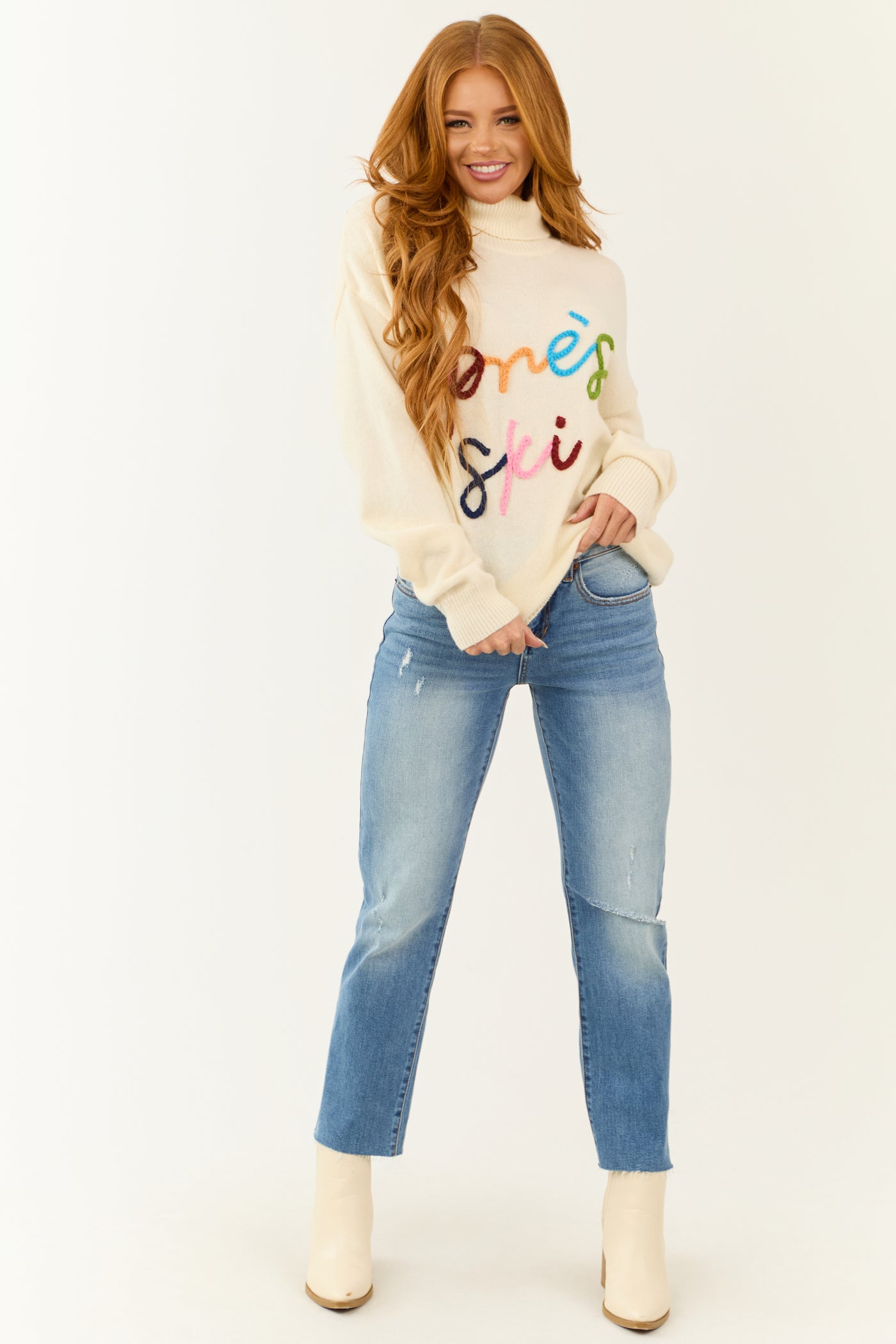 Cream 'Apres Ski' Yarn Graphic Turtleneck Sweater