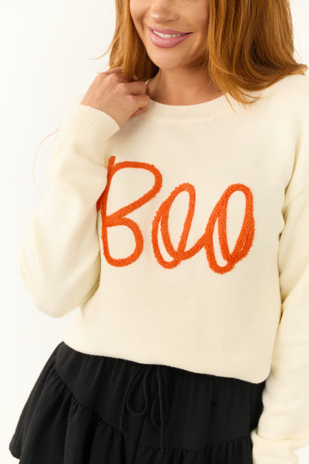 Cream 'Boo' Graphic Drop Shoulder Knit Sweater