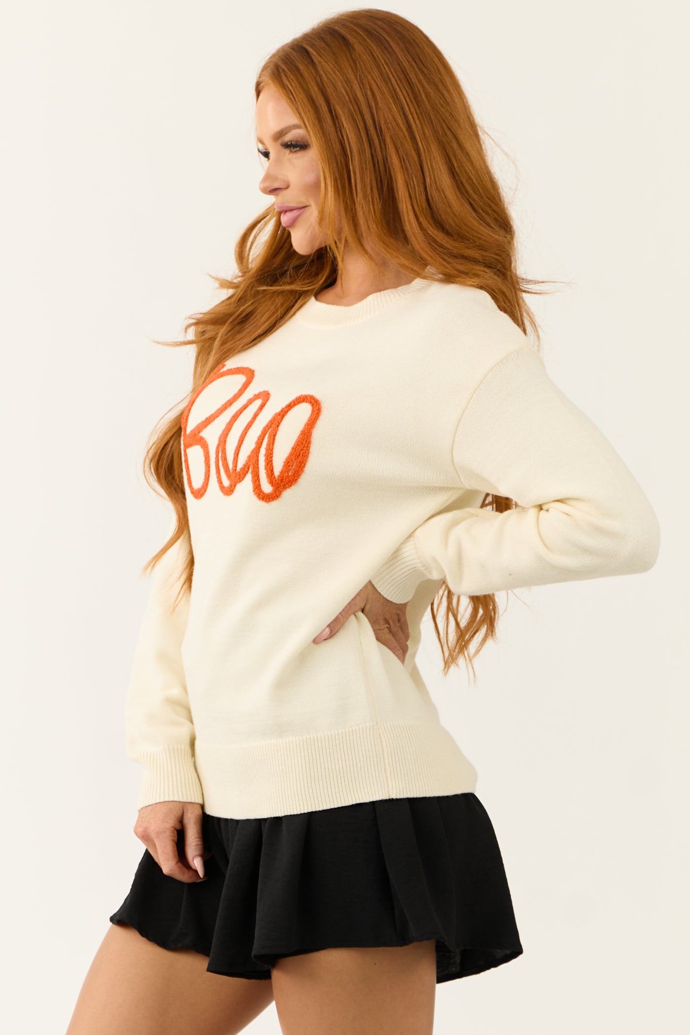 Cream 'Boo' Graphic Drop Shoulder Knit Sweater