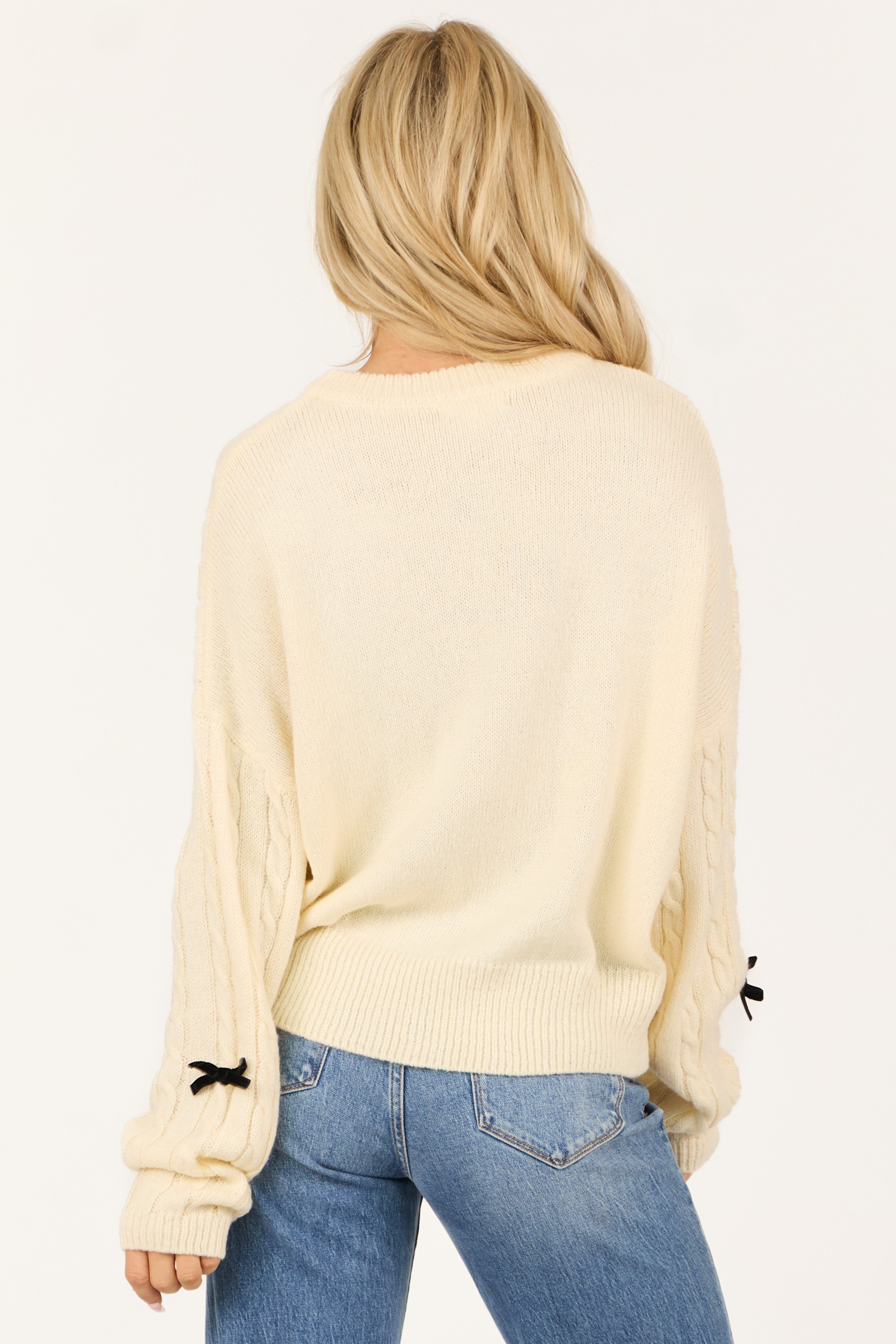 Cream Bow Detail Cable Knit Long Sleeve Sweater