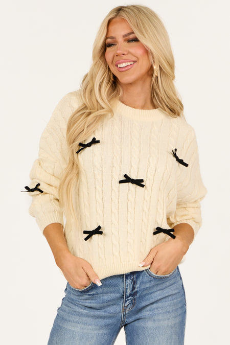 Cream Bow Detail Cable Knit Long Sleeve Sweater