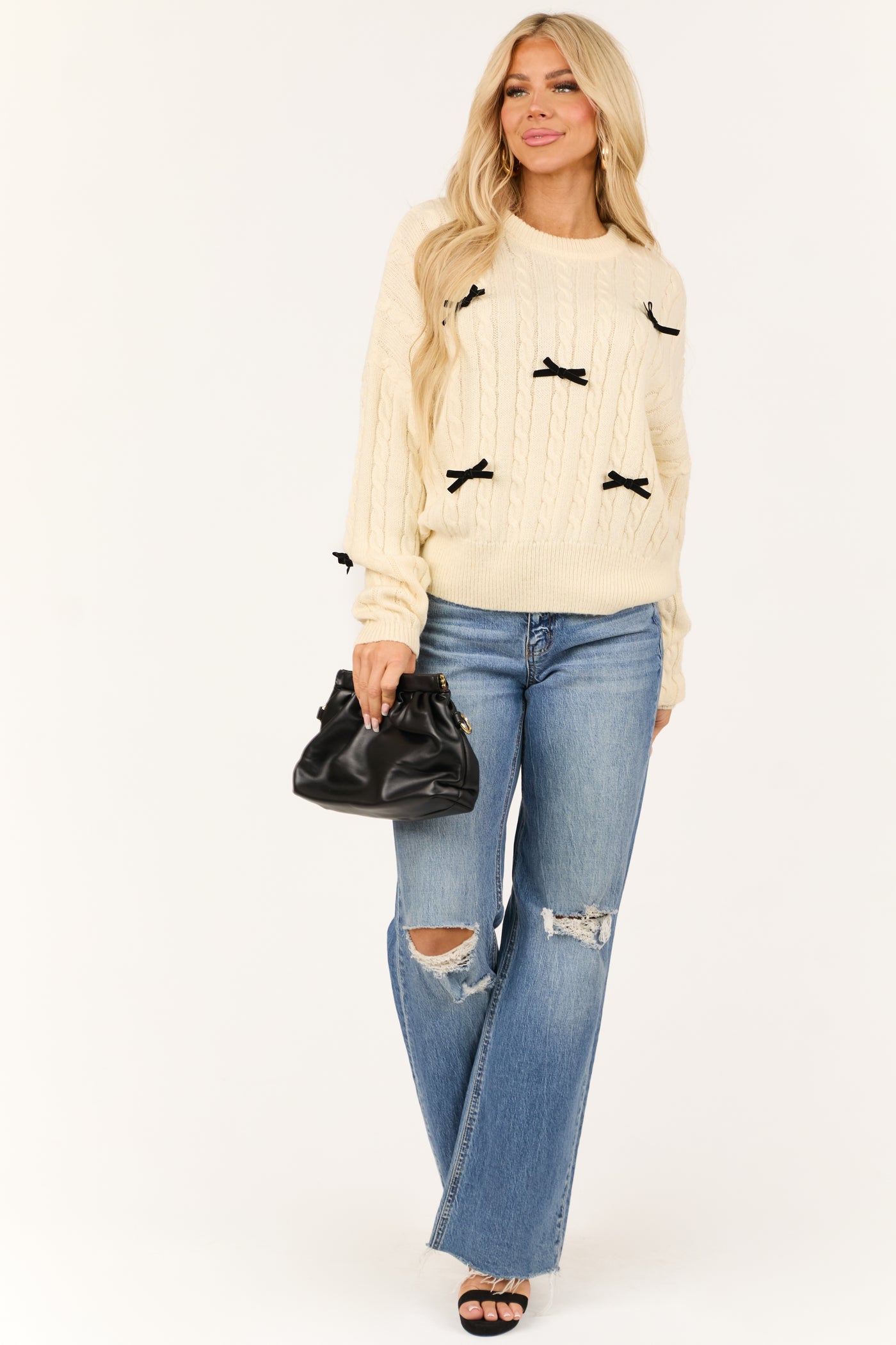 Cream Bow Detail Cable Knit Long Sleeve Sweater