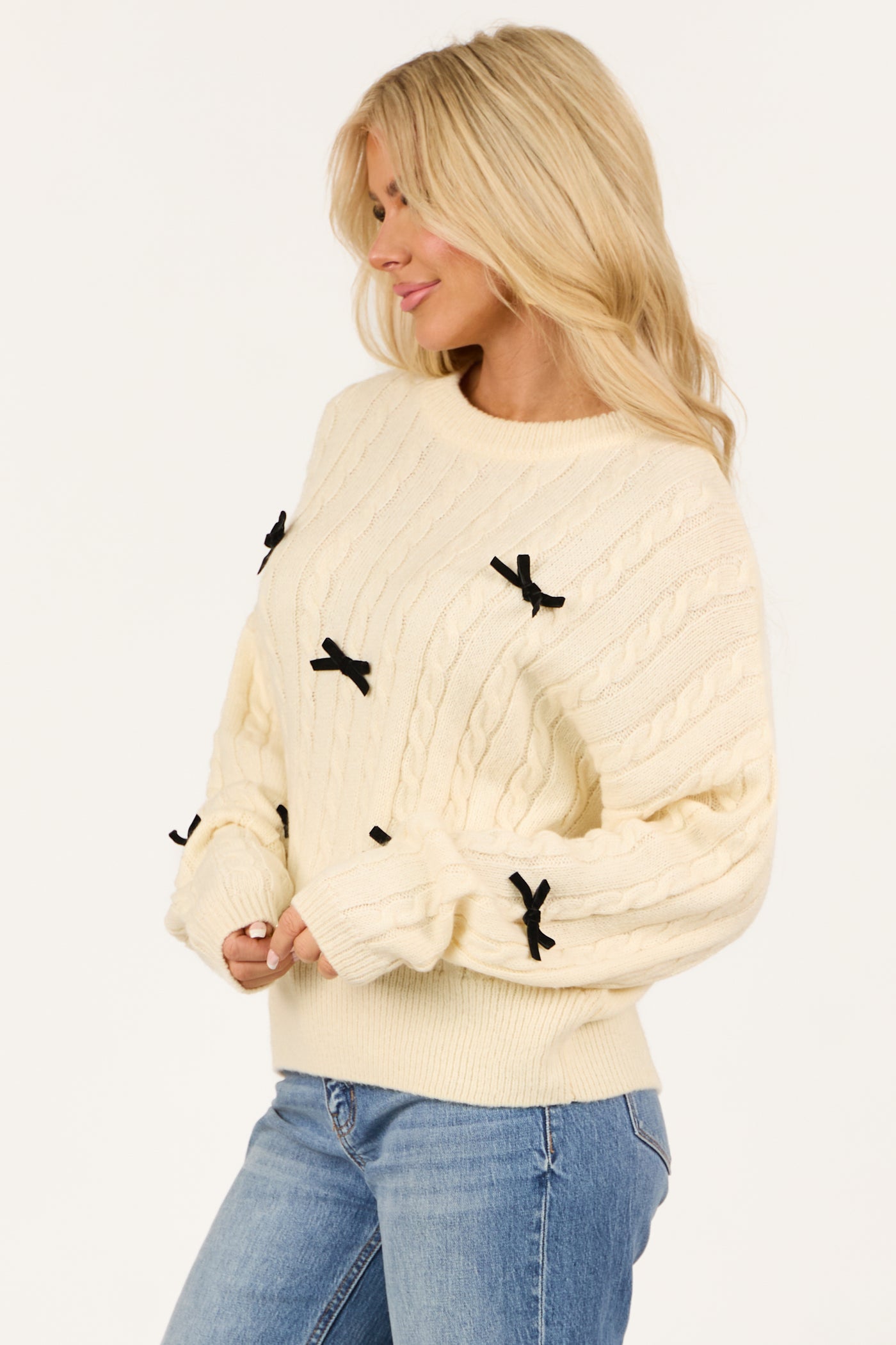 Cream Bow Detail Cable Knit Long Sleeve Sweater