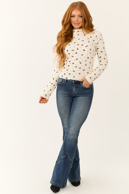 Cream Bow Print Lace Ruffle Long Sleeve Top